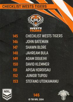 2024 NRL Traders Titanium #145 Wests Tigers Checklist Back